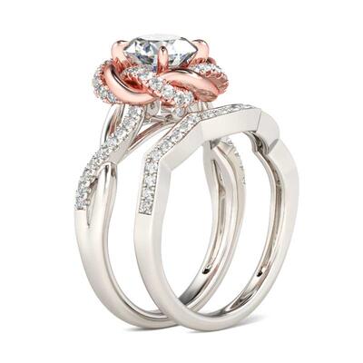 Jeulia Two Tone Twist Floral Round Cut Sterling Silver Ring Set