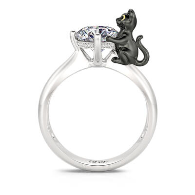 Jeulia Hug Me "Death Witness" Black Cat Round Cut Sterling Silver Ring