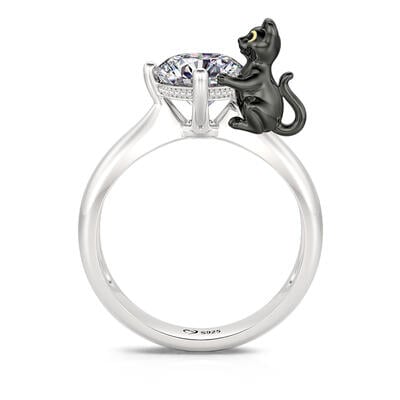 Jeulia Hug Me "Death Witness" Black Cat Round Cut Sterling Silver Ring