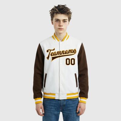 Custom Brown-White Two Tone Full-Snap Letterman Jacket – Ideal for Weekend Urban Strolls and Park Hangouts