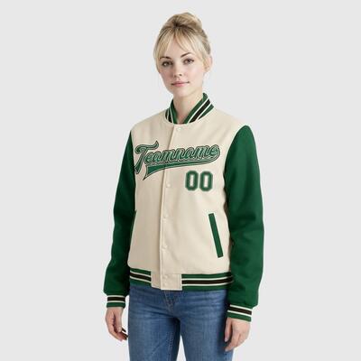 Custom Green Cream Full-Snap Varsity Two Tone Letterman Jacket – Ideal for Daily Casual Styling