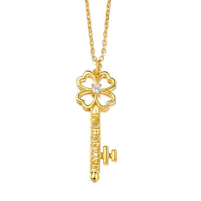 Jeulia Personalized Name Four Leaf Clover Key with Birthstones Sterling Silver Necklace