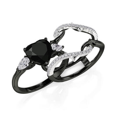 Jeulia Black Heart Thorns Three Stone Ring Set