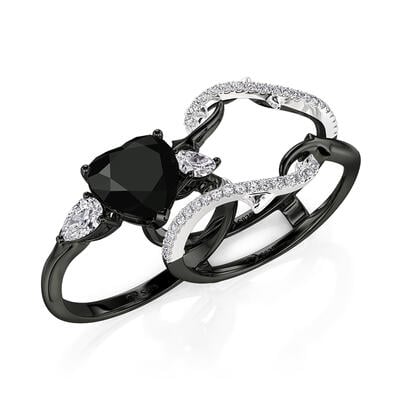Jeulia Black Heart Thorns Three Stone Ring Set