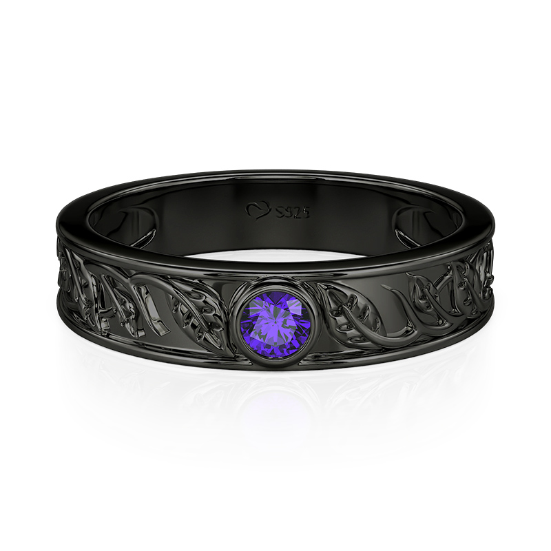 Jeulia Men's Black Gothic Purple Stone Leaf Wedding Band
