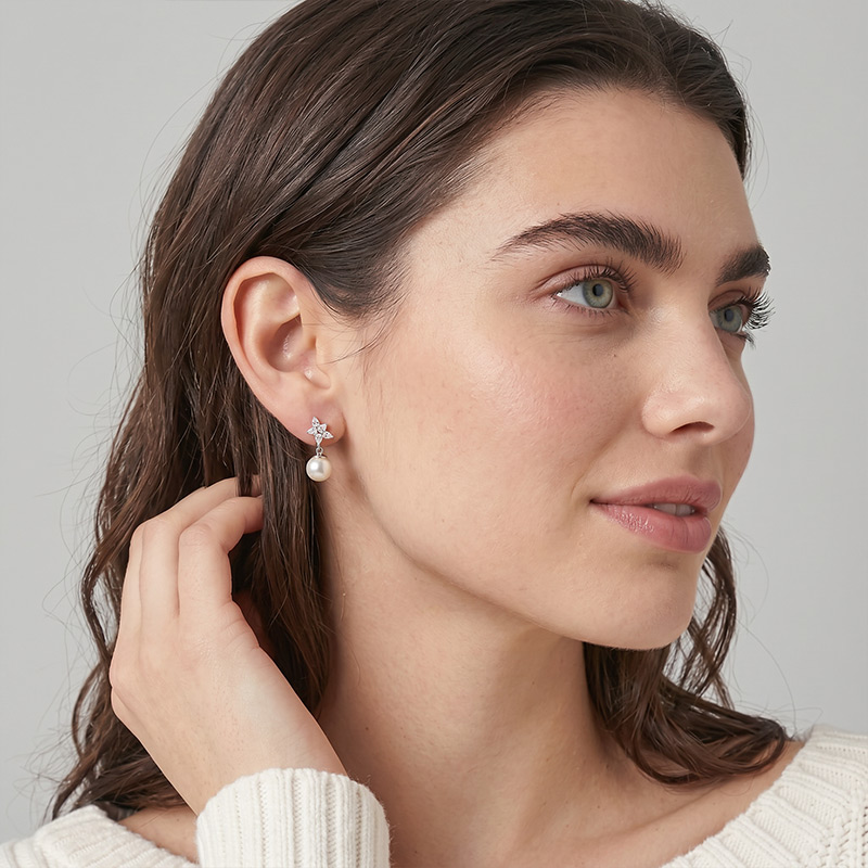 "Dreamer's Wish" 7.5-8.0mm Freshwater Pearl Cluster Drop Earrings