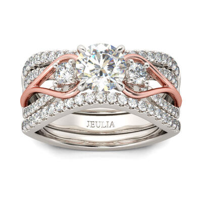 Jeulia Two Tone Three Stone Round Cut Sterling Silver Ring Set