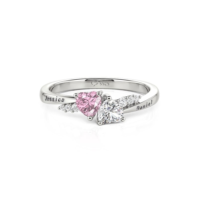 Jeulia Anillo Nombre Piedra De Nacimiento Doble Corazón Personalizado