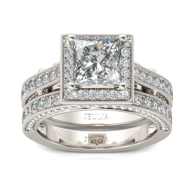 Jeulia Conjunto De Anillos Con Halo De Talla Princesa En Plata De Ley