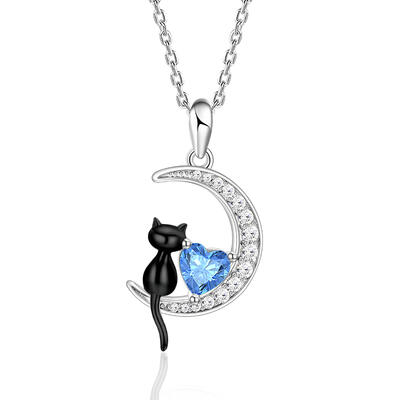 Jeulia Luna Astra Moon Black Cat Necklace with Birthstone