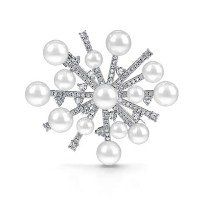 Jeulia Snowflake Design Cultured Pearl Sterling Silver Brooch