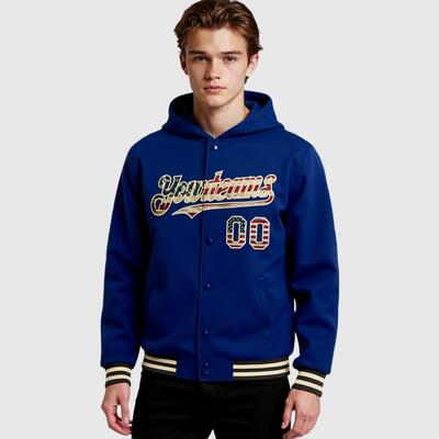 Custom Hoodie Jacket Royal Vintage USA Flag Cream-Black Bomber Full-Snap Varsity Letterman Hoodie Jacket