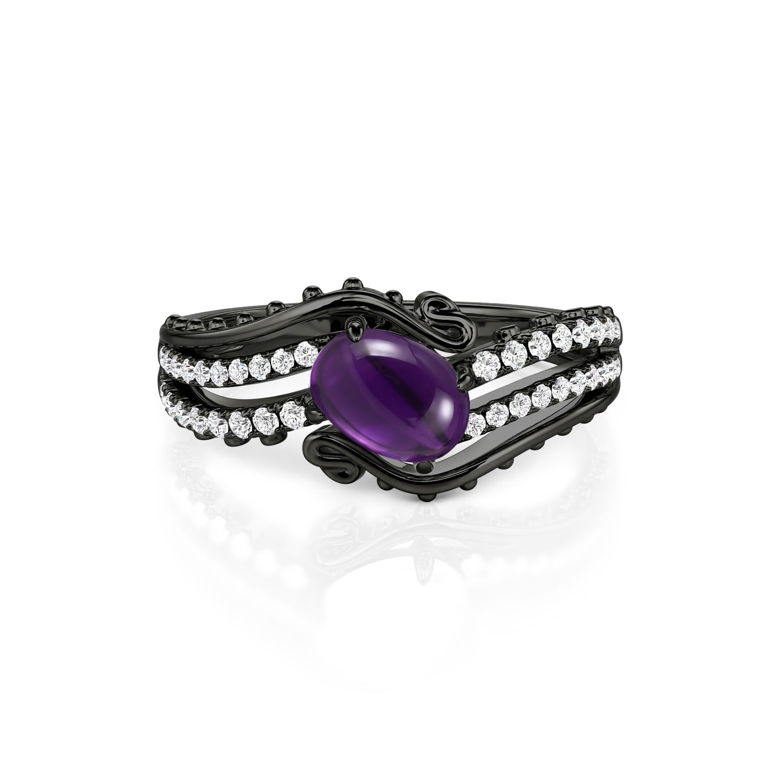 Jeulia Gothic Black Bypass Pave Purple Oval Cabochon Ring