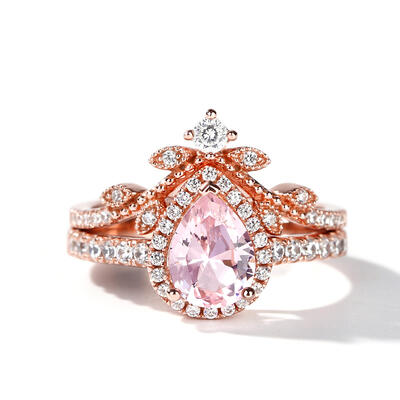 Jeulia Halo Pear Cut Synthetic Morganite Sterling Silver Ring Set