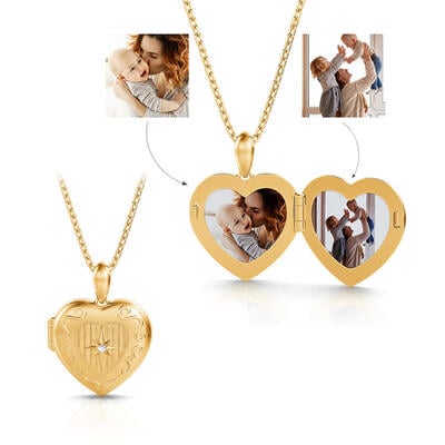 Jeulia Star Design Heart Personalized Photo Sterling Silver Locket Necklace with Birthstone