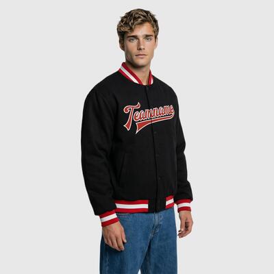 Custom Black Full-Snap Varsity Letterman Jacket Ideal for Cool-Weather Outdoor Activities