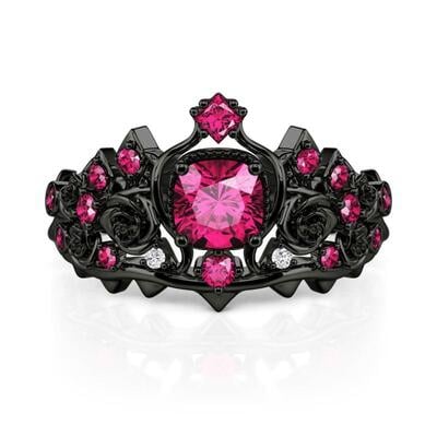 Jeulia Black Crown Dark Rose Queen Cushion Cut Fashion Ring
