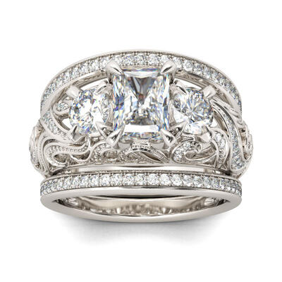 Jeulia Three Stone Scrollwork Radiant Cut Sterling Silver Ring Set
