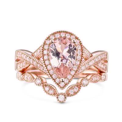 Jeulia Anillo de Plata de Ley con Morganita Sintética con Corte de Pera y Halo