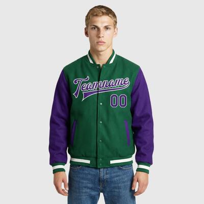 Custom Green Full-Snap Varsity Two Tone Letterman Jacket Perfect for Weekend Casual Trips
