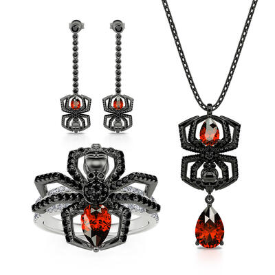 Jeulia "Spider Skull Biker" Pear Cut Sterling Silver Jewelry Set
