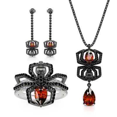 Jeulia "Spider Skull Biker" Pear Cut Sterling Silver Jewelry Set