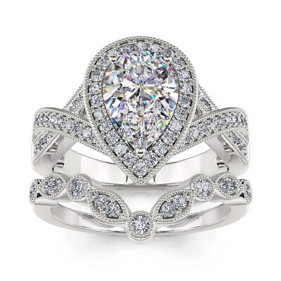 Jeulia Halo Pear Cut Sterling Silver Ring Set