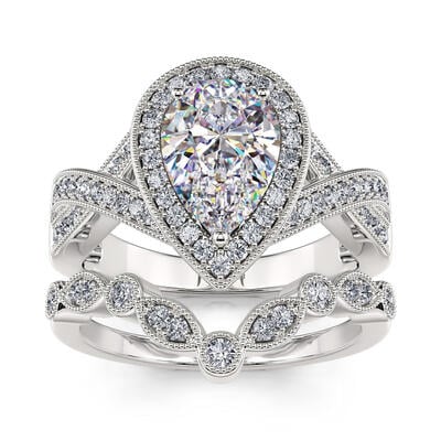 Jeulia Conjunto de Anillos de Plata de Ley con Corte de Pera Halo