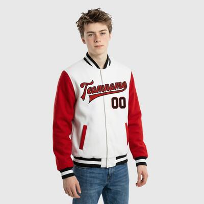 Custom Classic Red-White Full-Snap Two Tone Letterman Jacket – Ideal for Urban Minimalist Commutes and Street-Style Shopping Trips