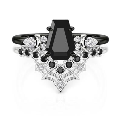 Jeulia Two Tone Moon Spider Web and Coffin Ring Set