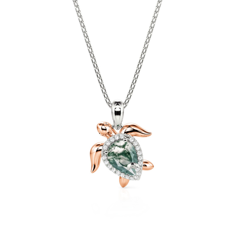 Jeulia Hug Me Two Tone Pear Cut Moss Agate Turtle Necklace