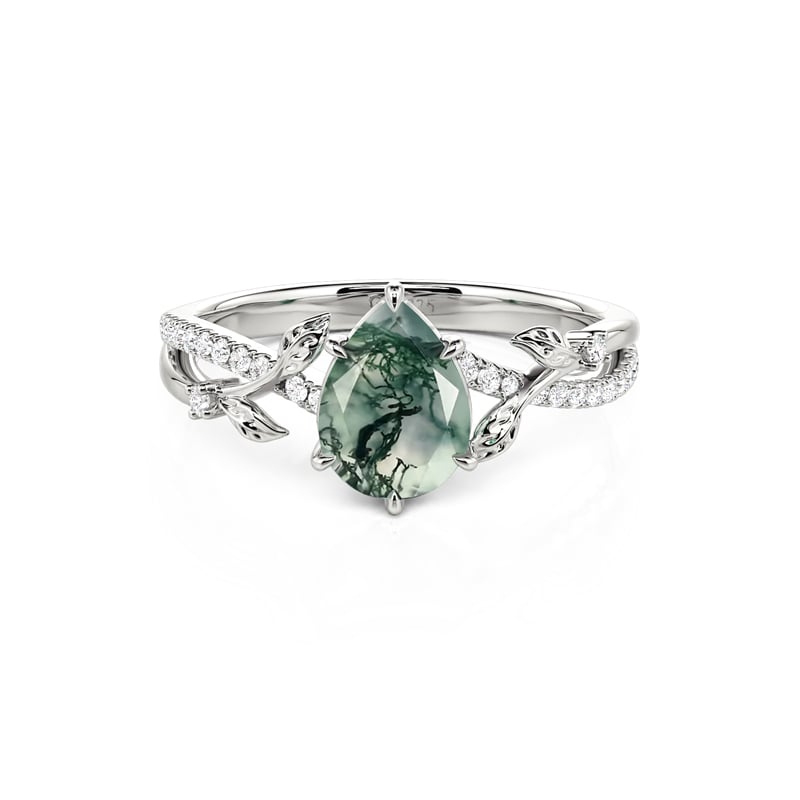 Jeulia Bague Agate Mousse Taille Poire Feuille Torsadée avec Accents Pavés