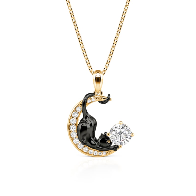 Jeulia Custom Black Cat Gold Moon Necklace With Birthstone