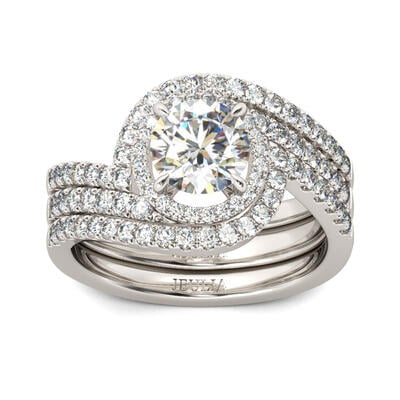 Jeulia Terno De Anillos Con Halo De Talla Redonda En Plata De Ley