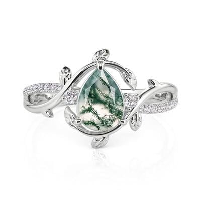 Jeulia Leaf Twist Pear Shaped Moss Agate Engagement Ring