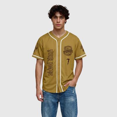 Customizable Gold Crest Baseball Jersey, Vintage Fantasy School Themed Casual Button-Down Shirt, All Sizes Available
