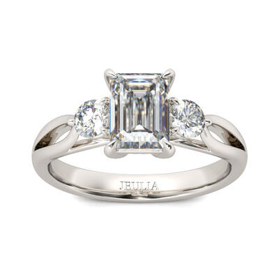 Jeulia Three Stone Split Shank Emerald Cut Sterling Silver Ring