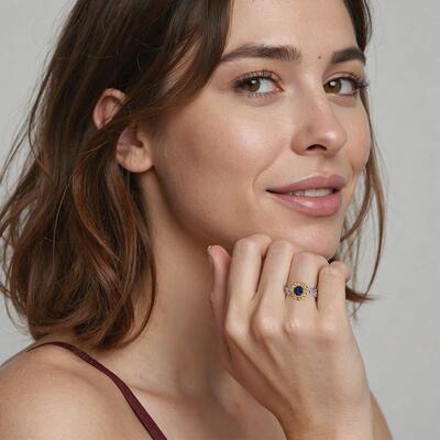 "Floraison au soleil" Bague de fiançailles ronde halo