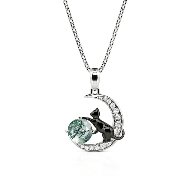 Jeulia Collar Gato Negro en la Luna Ágata Musgo