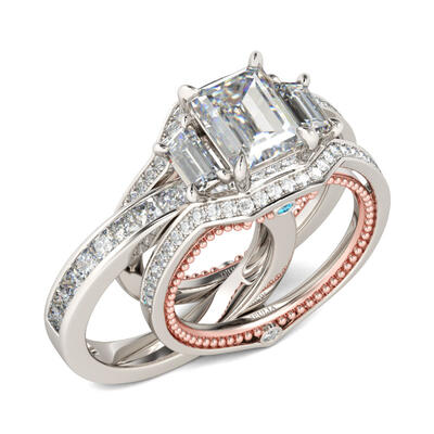 Jeulia Interchangeable Three Stone Emerald Cut Sterling Silver Ring Set
