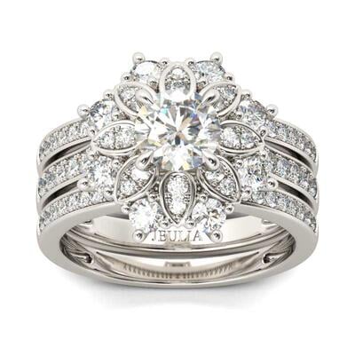 Jeulia Terno De Anillos Con Dise?o Floral De Talla Redonda En Plata De Ley