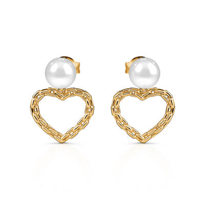 Jeulia "Sweet Chain Heart" Cultured Pearl Sterling Silver Drop Earrings