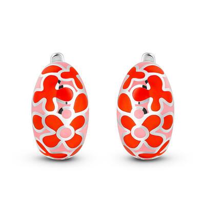 Jeulia "Red Flowerlet" Enamel Sterling Silver Hoop Earrings