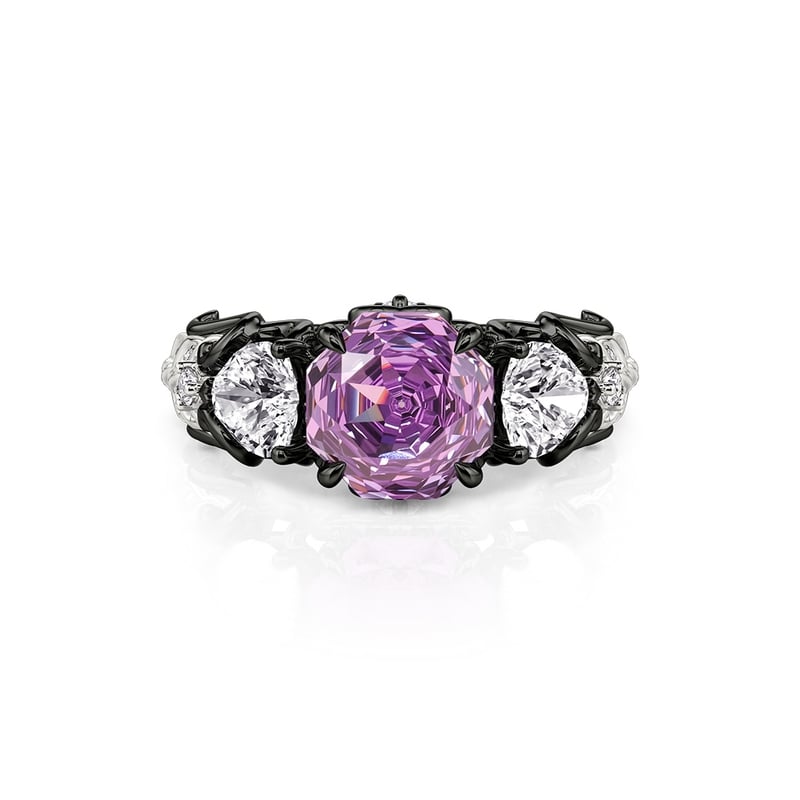 Jeulia Midsummer Night Anillo Negro con Tres Piedras Rosa Púrpura