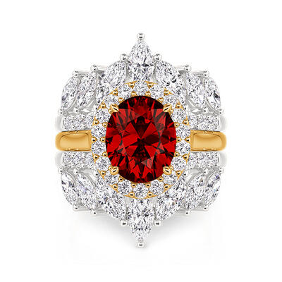 Jeulia Gorgeous Halo Oval Cut Red Stone Ring Set 3PCS