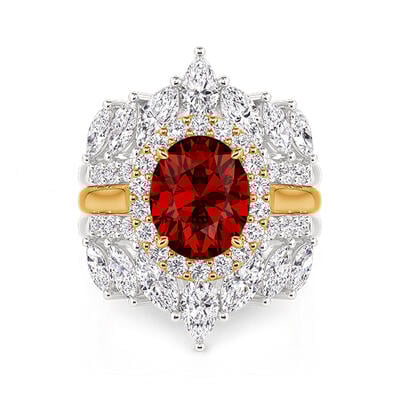 Jeulia Juego de Anillos Halo Ovalado Piedra Roja Precioso con Tres Piezas