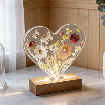 Enchanting Floral Resin Lamp – Handcrafted Heart-Shaped Night Light, Valentine’s Gift