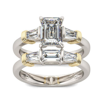 Jeulia Three Stone Emerald Cut Sterling Silver Ring Set