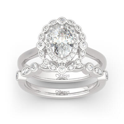 Jeulia Vintage Halo Oval Cut Sterling Silver Ring Set