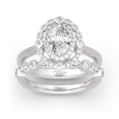 Jeulia Vintage Halo Oval Cut Sterling Silver Ring Set